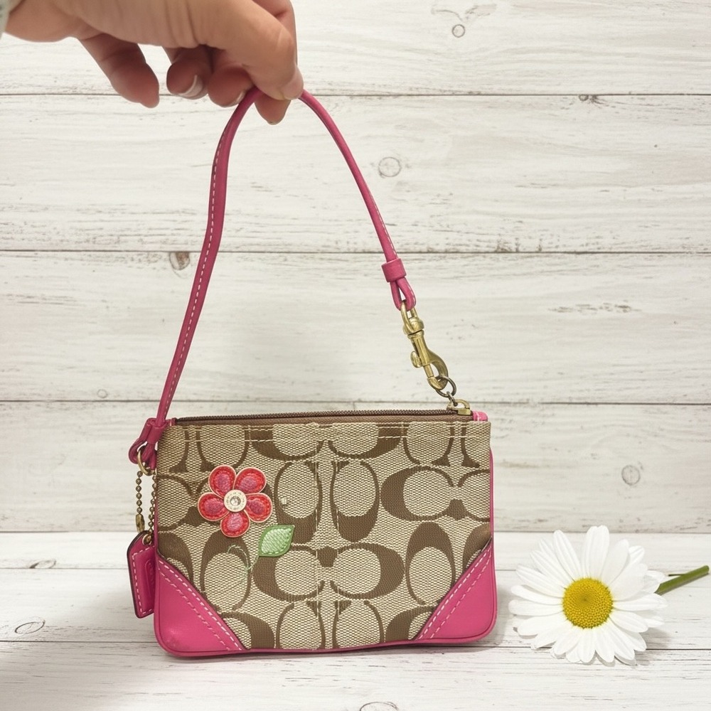 Coach Y2K Signature Flower Wristlet Pink Trim Mini Pochette Bag
